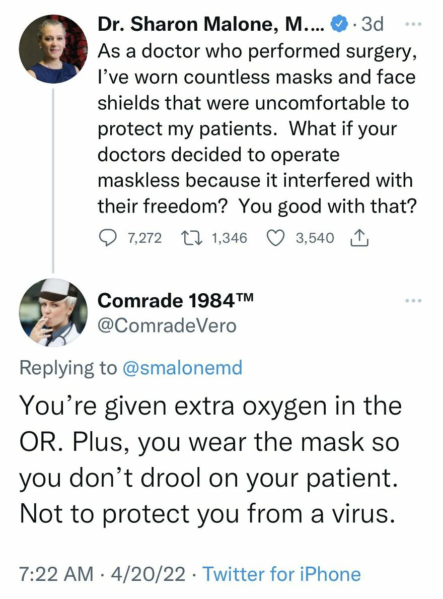 Screenshot of a social media exchange on terrible medical takes about doctors wearing masks during surgery.