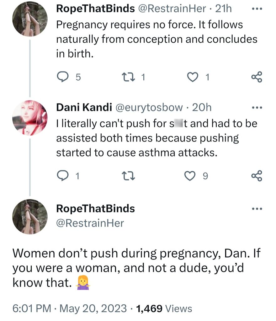 Screenshot of a social media exchange on terrible medical takes concerning pregnancy and childbirth.