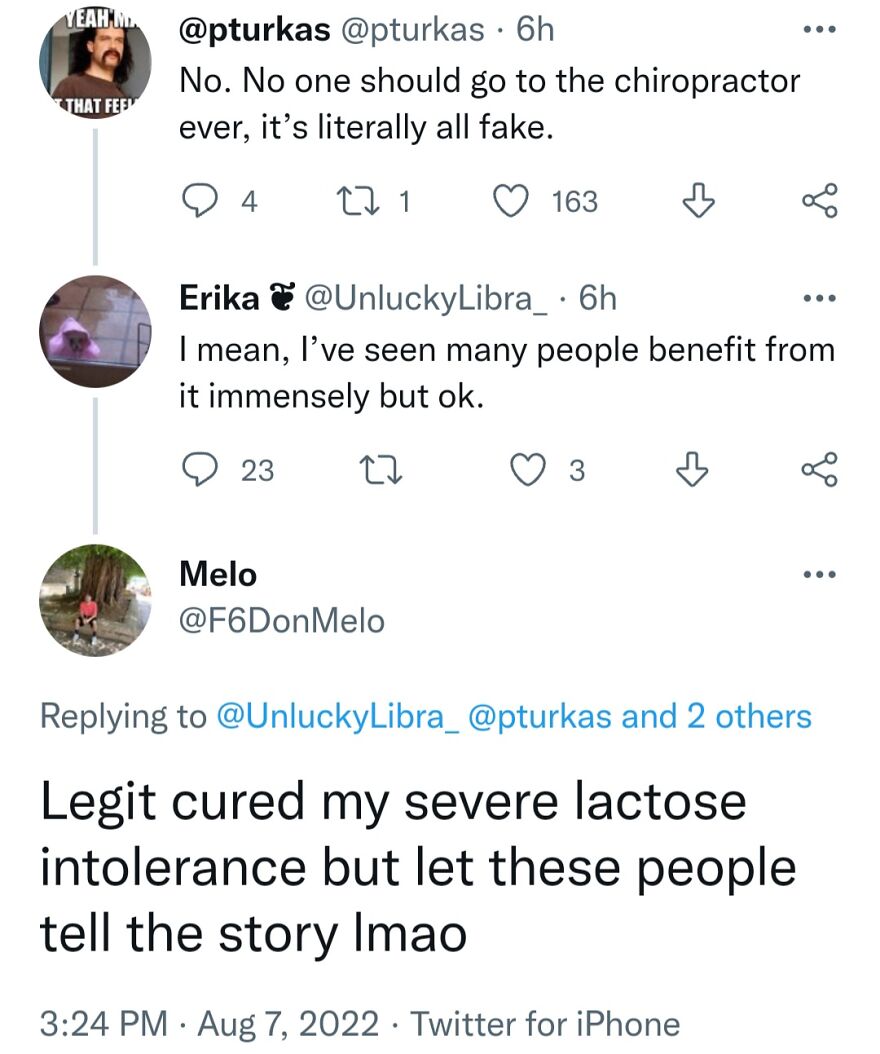 Screenshot of a social media discussion about medical takes regarding chiropractic care and lactose intolerance.