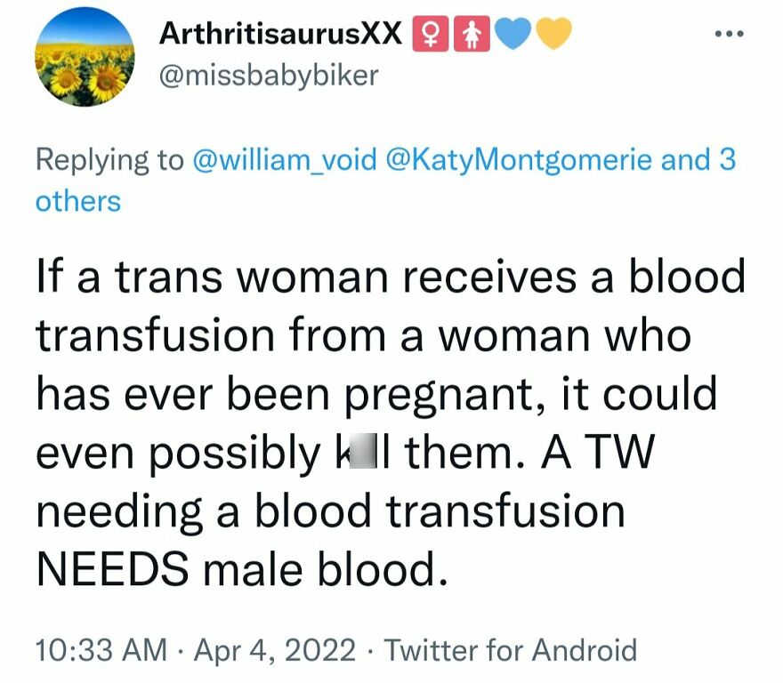A tweet containing a terrible medical take about trans women needing male blood for transfusions.