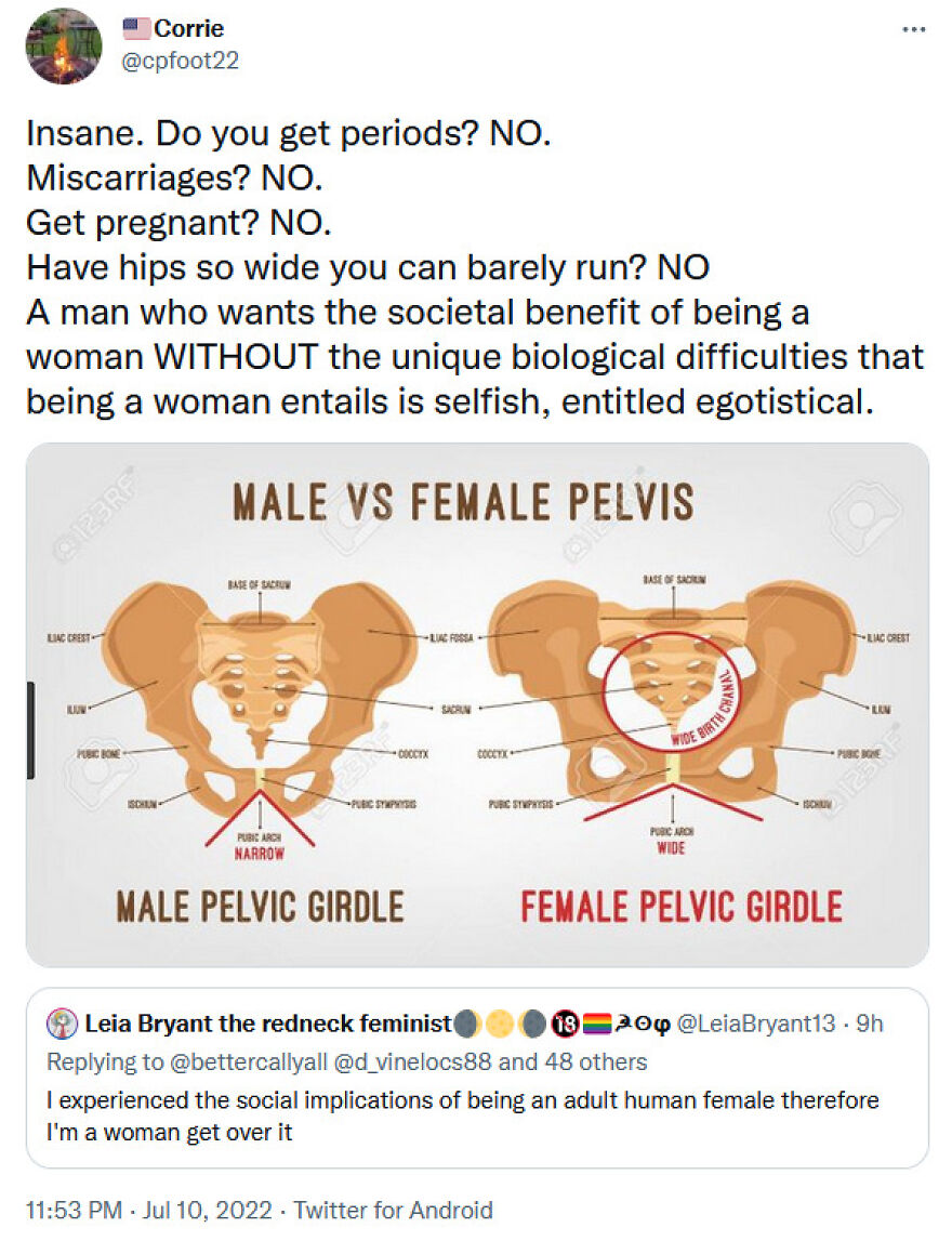 An image contrasting male vs. female pelvis anatomy alongside terrible medical takes on gender identity.