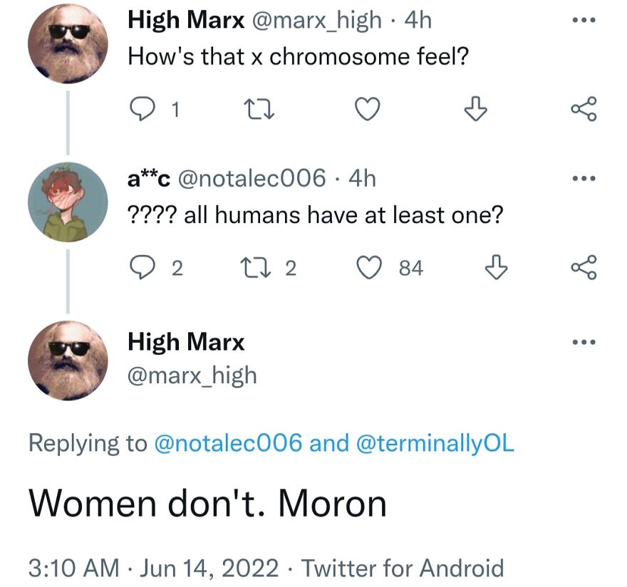 A Twitter exchange about medical takes, including a user incorrectly stating women lack X chromosomes.