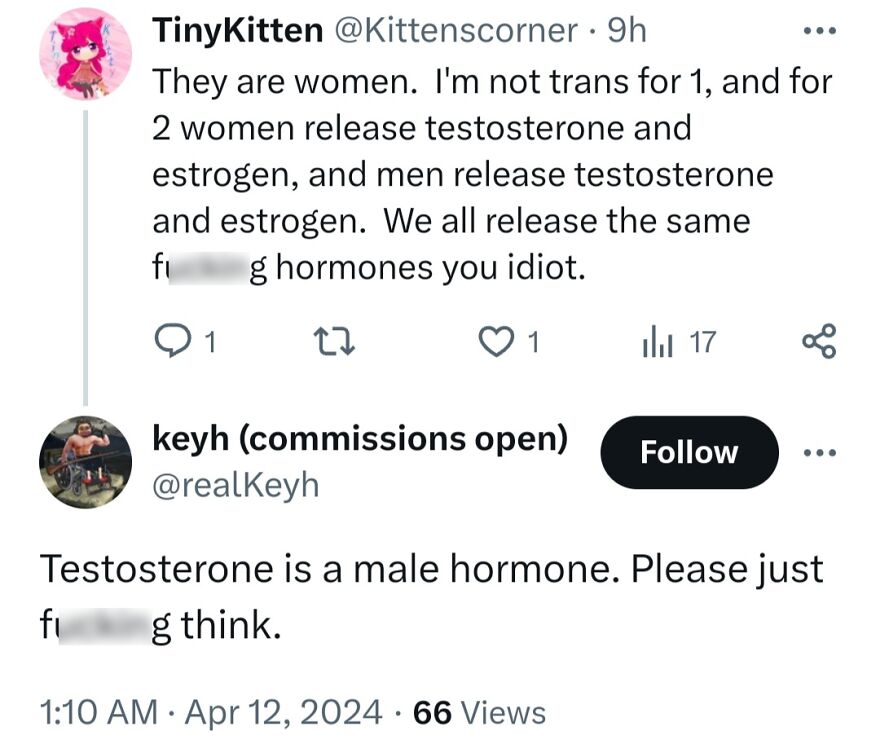 A Twitter conversation about medical takes, specifically gender hormones, showing conflicting views.