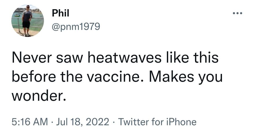 A tweet about terrible medical takes, linking heatwaves to vaccines, highlighting misinformation.
