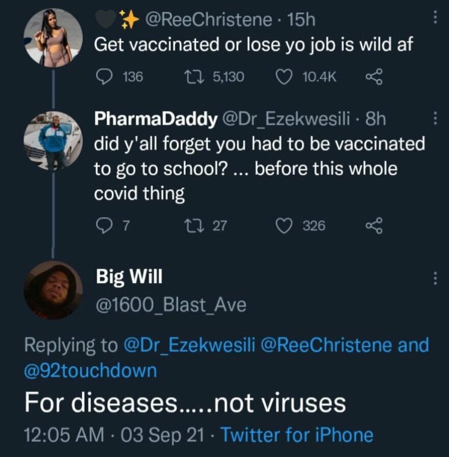 A social media exchange with terrible medical takes on vaccines for diseases versus viruses.