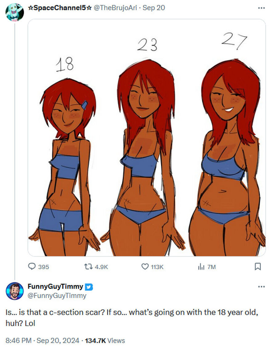 An illustration of a woman at ages 18, 23, and 27, sparking terrible medical takes about her body.