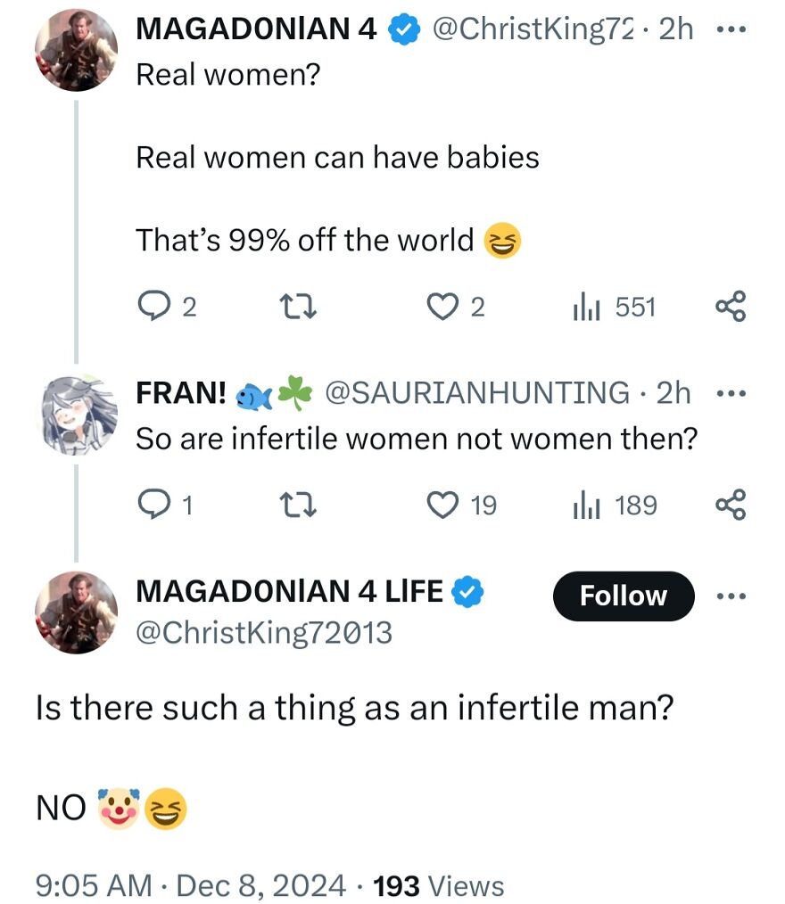 A social media conversation with terrible medical takes about real women and infertility.