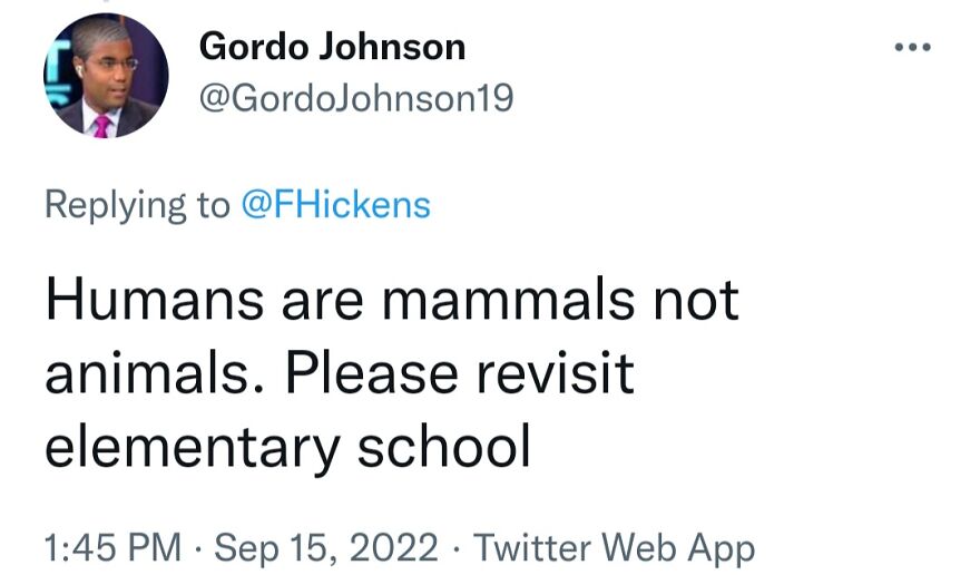 A tweet containing a terrible medical take claiming humans are not animals.