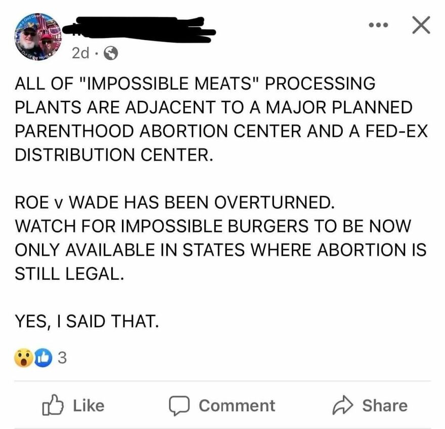 A social media post with terrible medical takes about Impossible Meats, Planned Parenthood, and Roe v Wade.