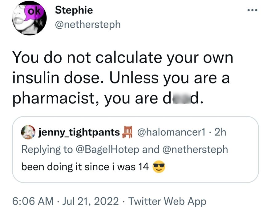 A tweet about a terrible medical take claiming only pharmacists can calculate insulin doses.