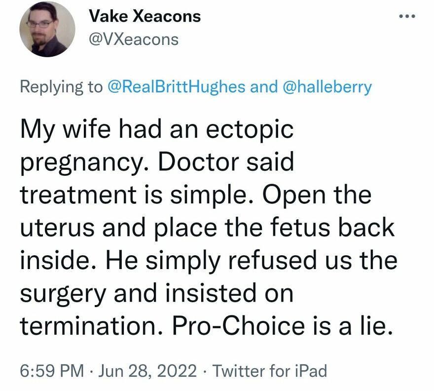 A tweet sharing a terrible medical take about ectopic pregnancy and a doctor's incorrect advice.