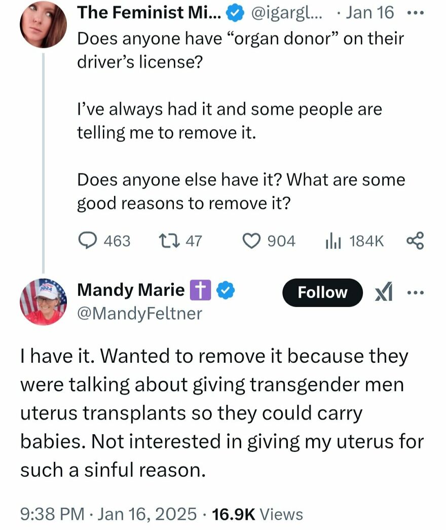 A tweet thread about terrible medical takes, discussing organ donor status and uterus transplants for transgender men.