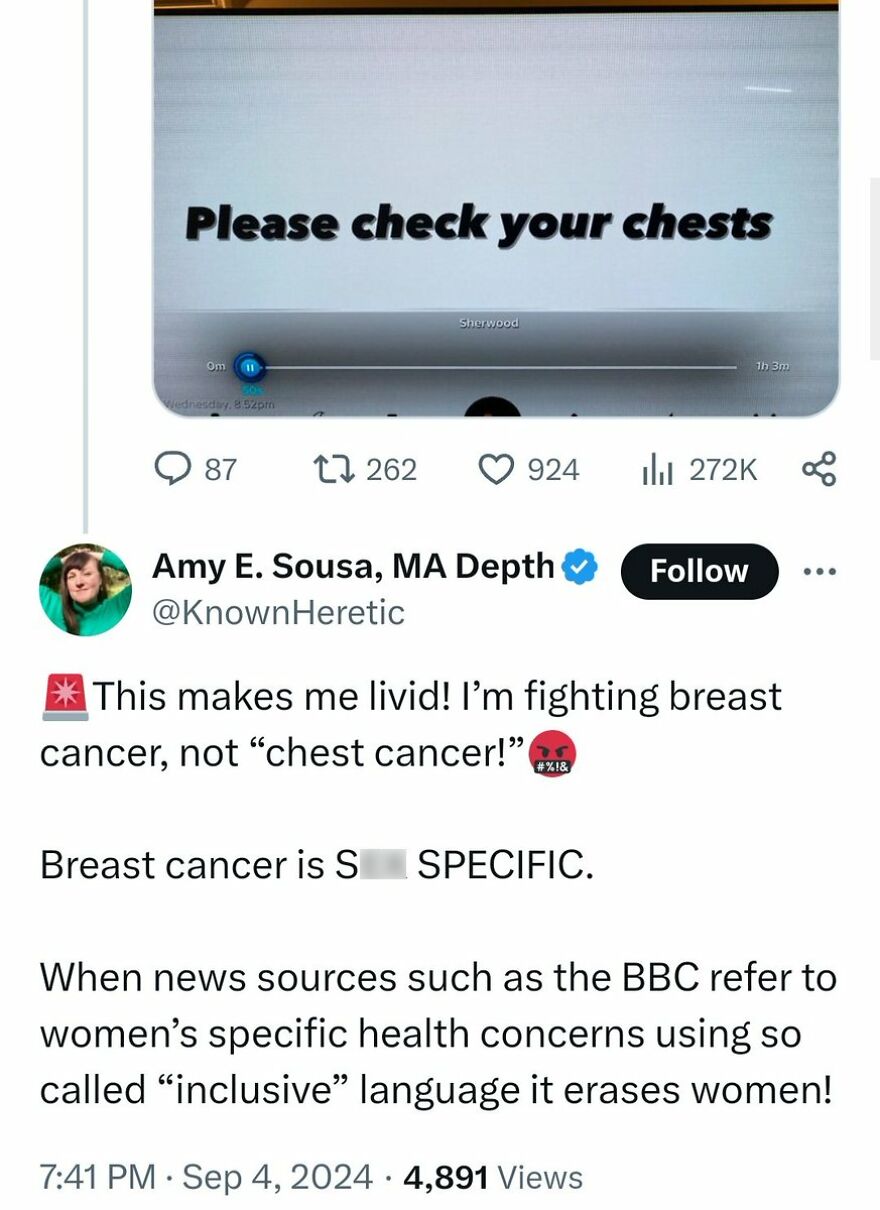 A tweet from Amy E. Sousa, MA Depth, calling out terrible medical takes for using 'chest cancer' instead of 'breast cancer'.
