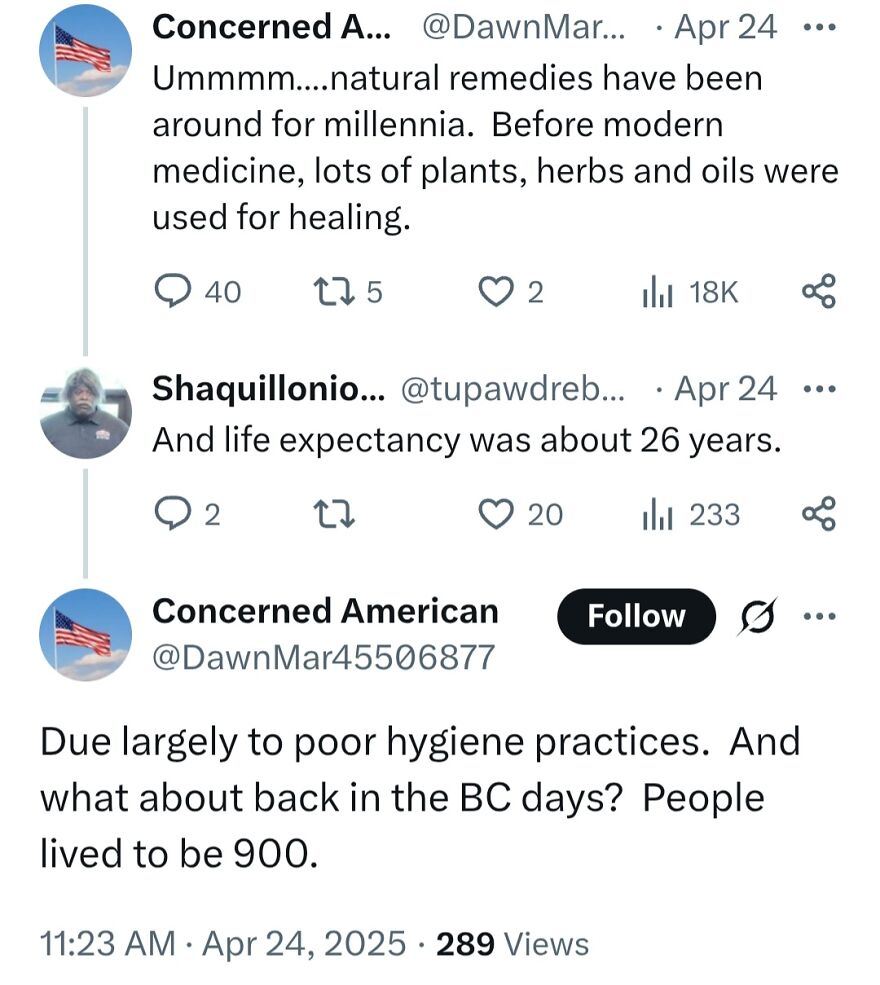 A Twitter conversation about terrible medical takes, contrasting natural remedies with historical life expectancy.