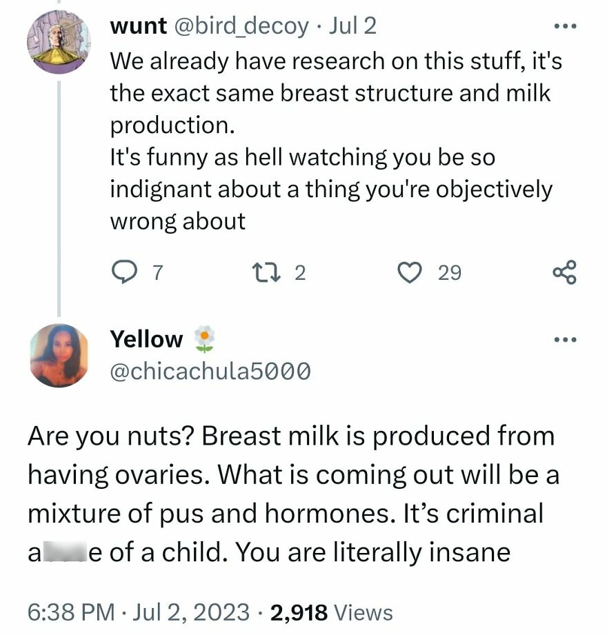 Tweets discussing terrible medical takes on breast milk production and ovarian function.