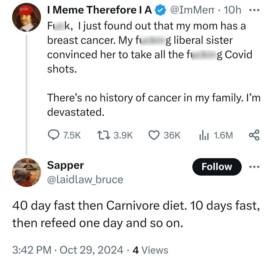 A tweet sharing terrible medical takes, recommending a carnivore diet to cure breast cancer.