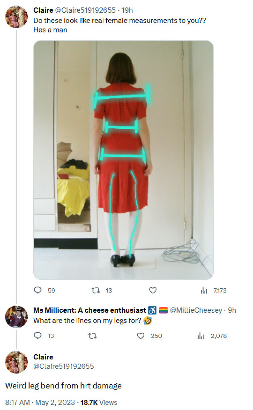 A series of tweets on terrible medical takes, questioning a person's gender based on 'female measurements'.
