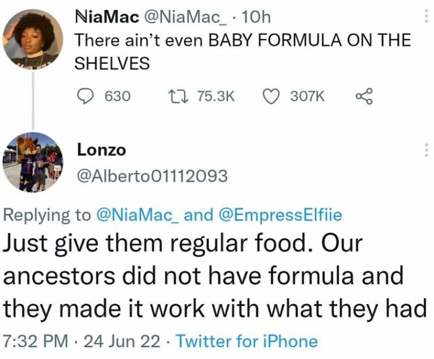 A tweet sharing terrible medical takes, suggesting babies should eat regular food instead of baby formula.