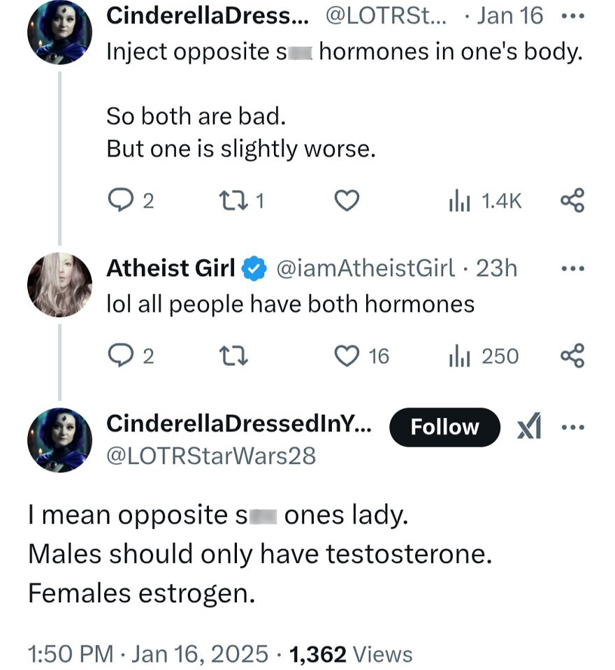 A social media post showing a debate about hormones, an example of terrible medical takes.
