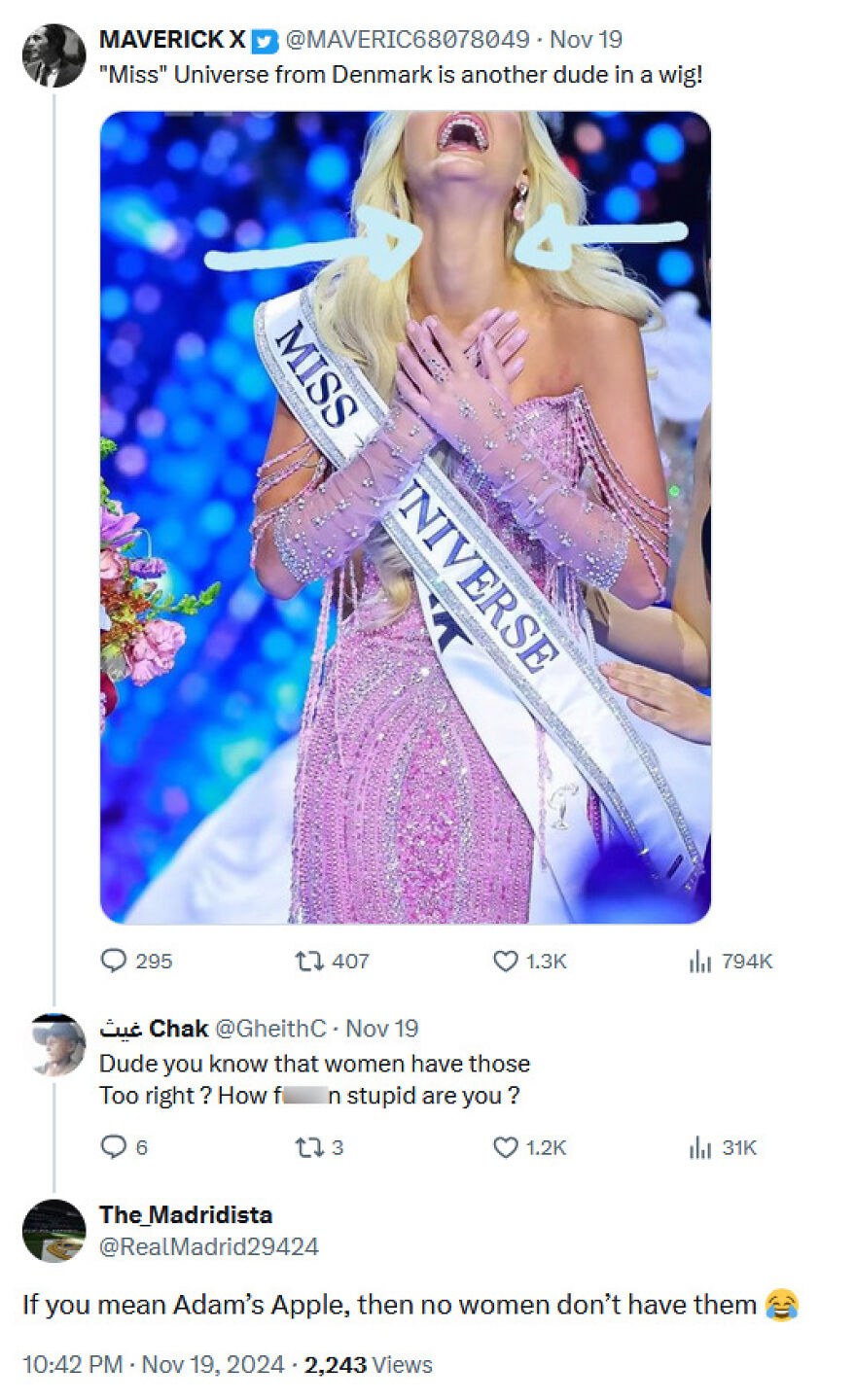 A social media post about a Miss Universe contestant being a man, one of many terrible medical takes.