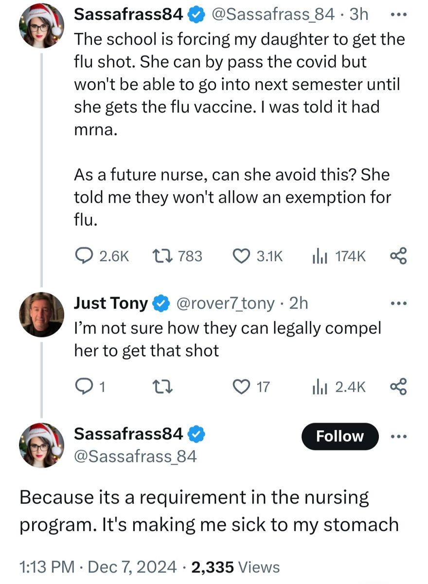 A social media post with terrible medical takes about a school forcing a flu shot on a daughter for a nursing program.