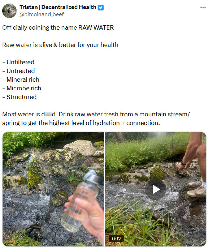 A social media post with terrible medical takes, promoting drinking raw water as healthy and better than treated water.