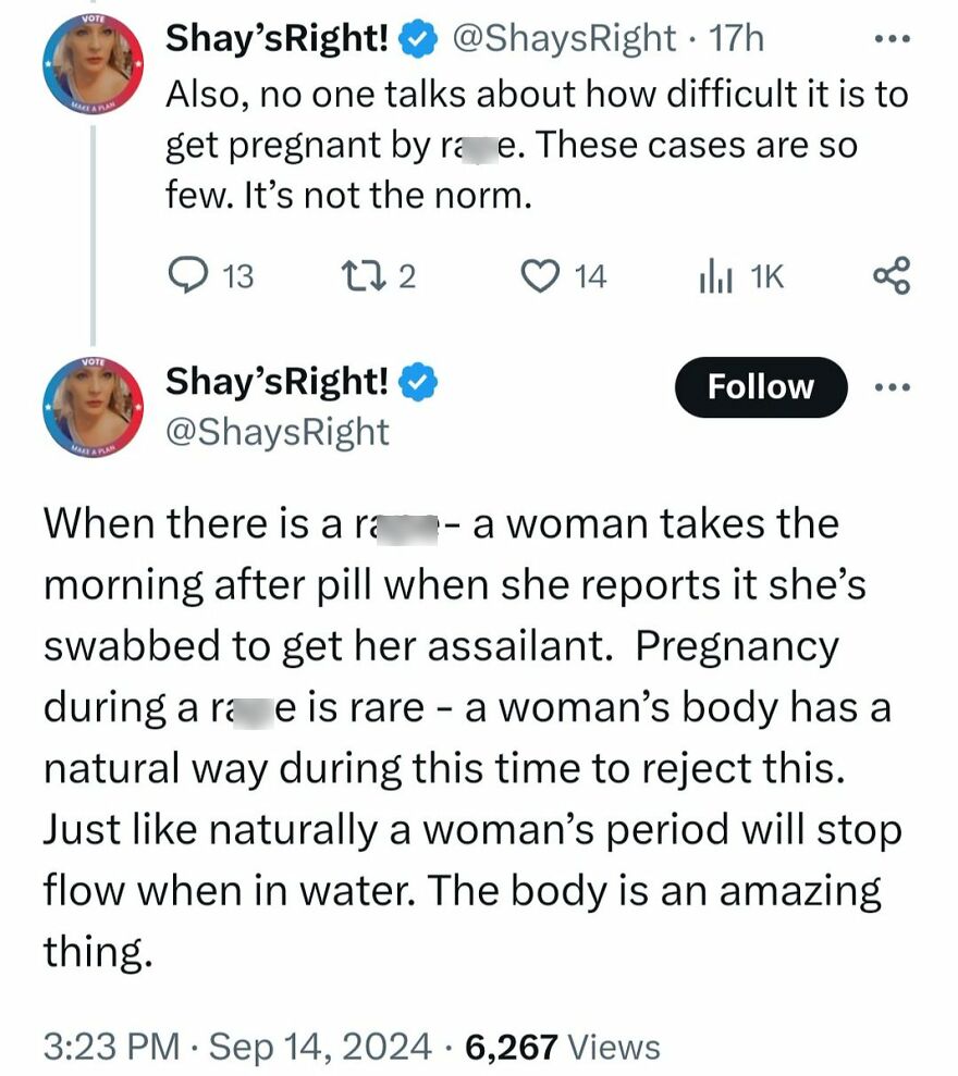 A social media post with terrible medical takes about the rarity of pregnancy from a*****t and a woman's body rejecting it.