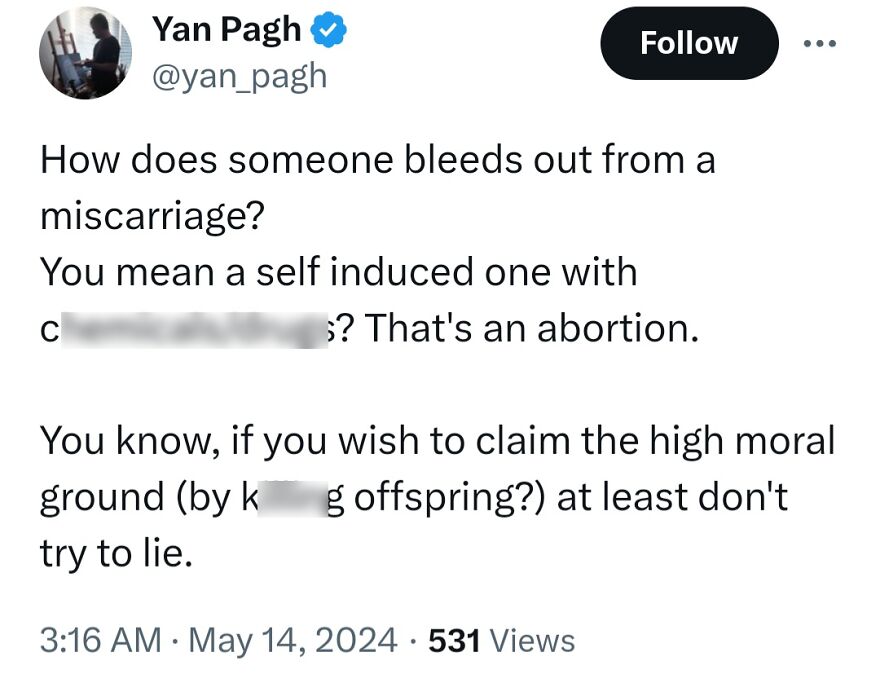A social media post with terrible medical takes about miscarriage and abortion. The text questions self-induced abortions.