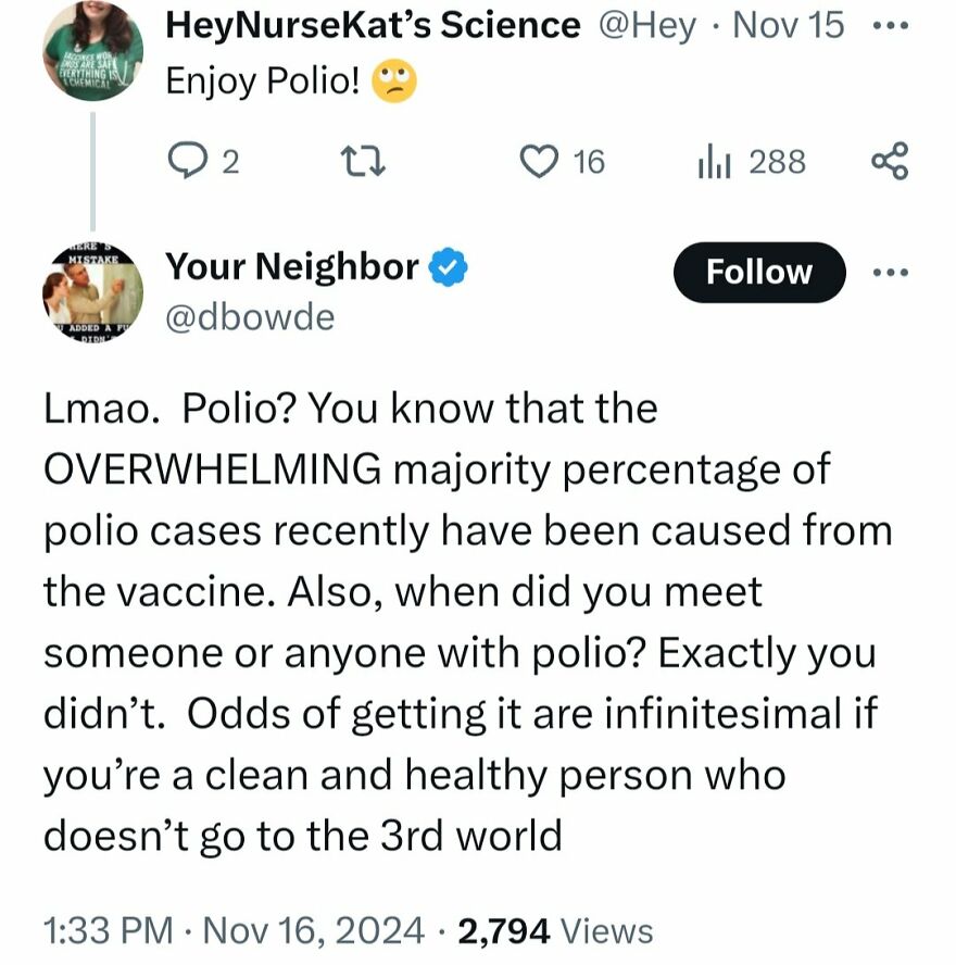 Screenshot of a tweet thread with terrible medical takes about polio and vaccines.
