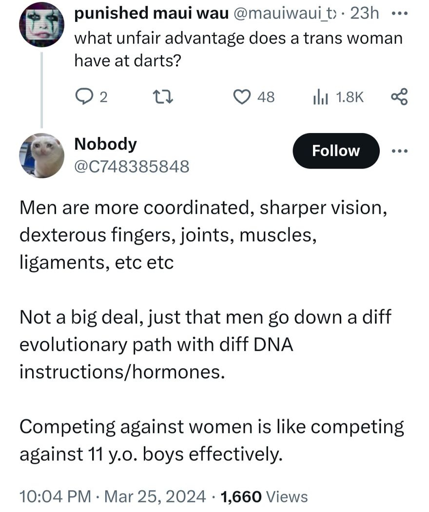 Screenshot of a tweet thread with terrible medical takes on trans women and dart performance.