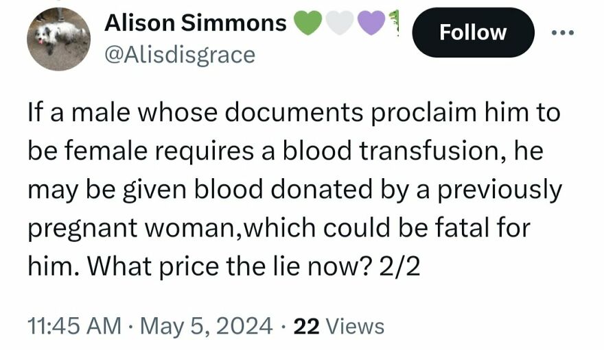 Screenshot of a tweet with a terrible medical take on blood transfusions for transgender individuals.