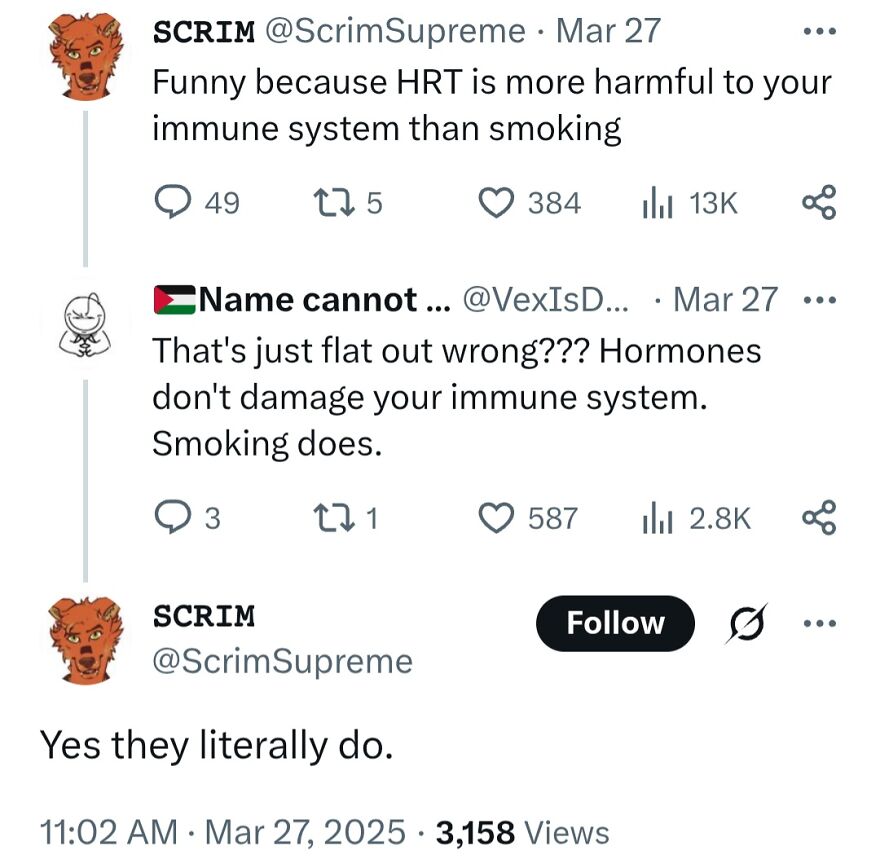 Screenshot of a tweet thread discussing terrible medical takes on HRT and the immune system.