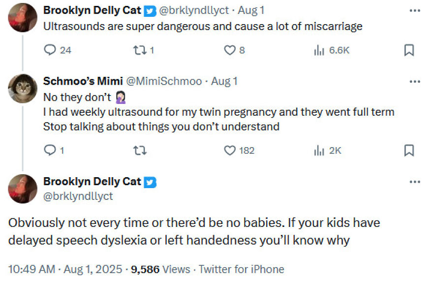 A social media post with terrible medical takes claiming ultrasounds are dangerous and cause miscarriage, linking them to dyslexia and left-handedness.