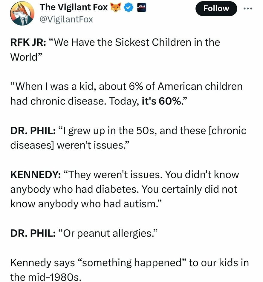 A social media post detailing terrible medical takes from RFK Jr. and Dr. Phil about the rise of chronic diseases in children.