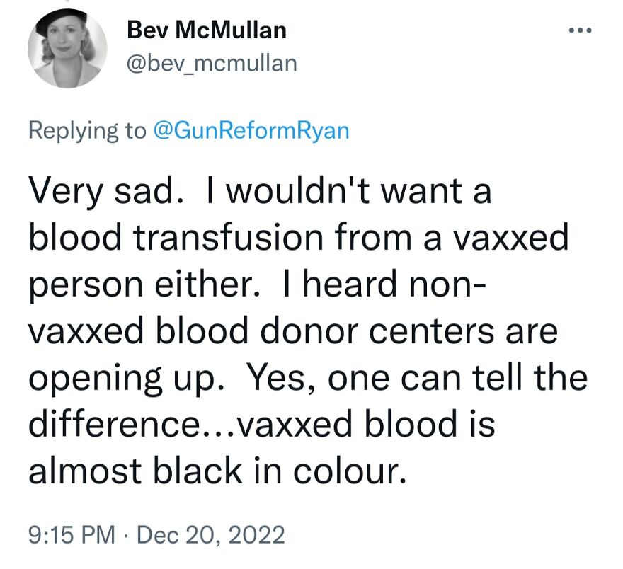 A social media post with a terrible medical take about refusing blood transfusions from vaccinated individuals, claiming vaxxed blood is black.