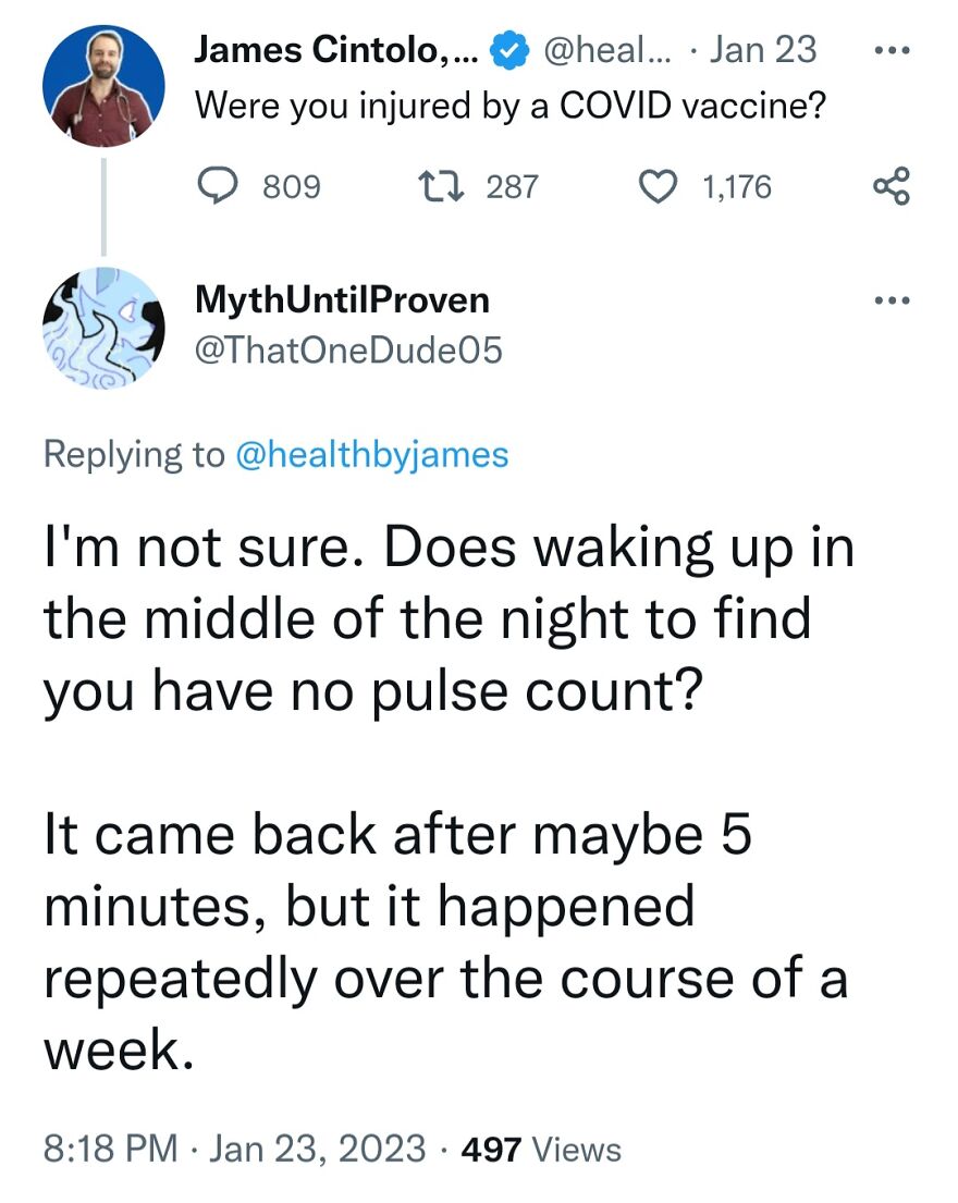 A social media post with a terrible medical take questioning if waking up with no pulse counts as a COVID vaccine injury.