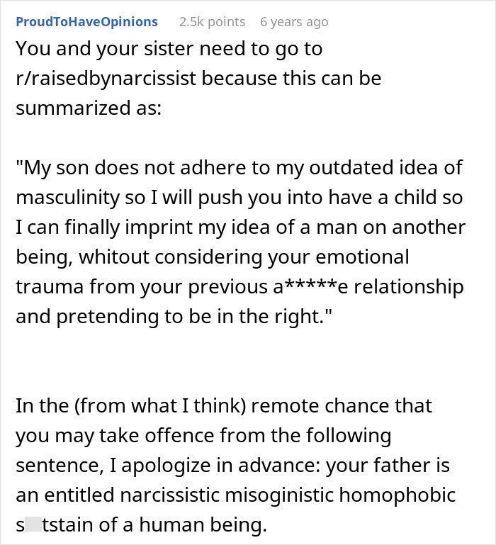 A screenshot of a comment suggesting a woman has a toxic relationship with her father, who demands a grandchild. A screenshot of a comment suggesting a woman has a toxic relationship with her father, who demands a grandchild.