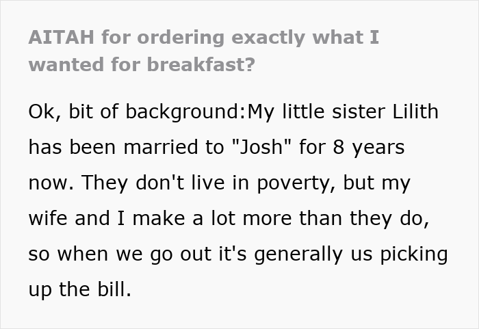 Screenshot of text discussing a man's BIL secretly paying for breakfast, then blaming him for expensive food. Screenshot of text discussing a man's BIL secretly paying for breakfast, then blaming him for expensive food.