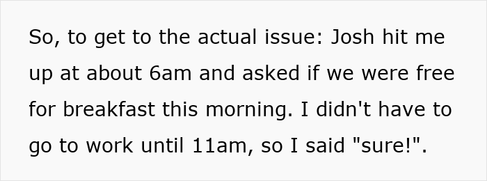 Text describing a man's BIL inviting him to breakfast, then secretly paying and blaming him for expensive food. Text describing a man's BIL inviting him to breakfast, then secretly paying and blaming him for expensive food.