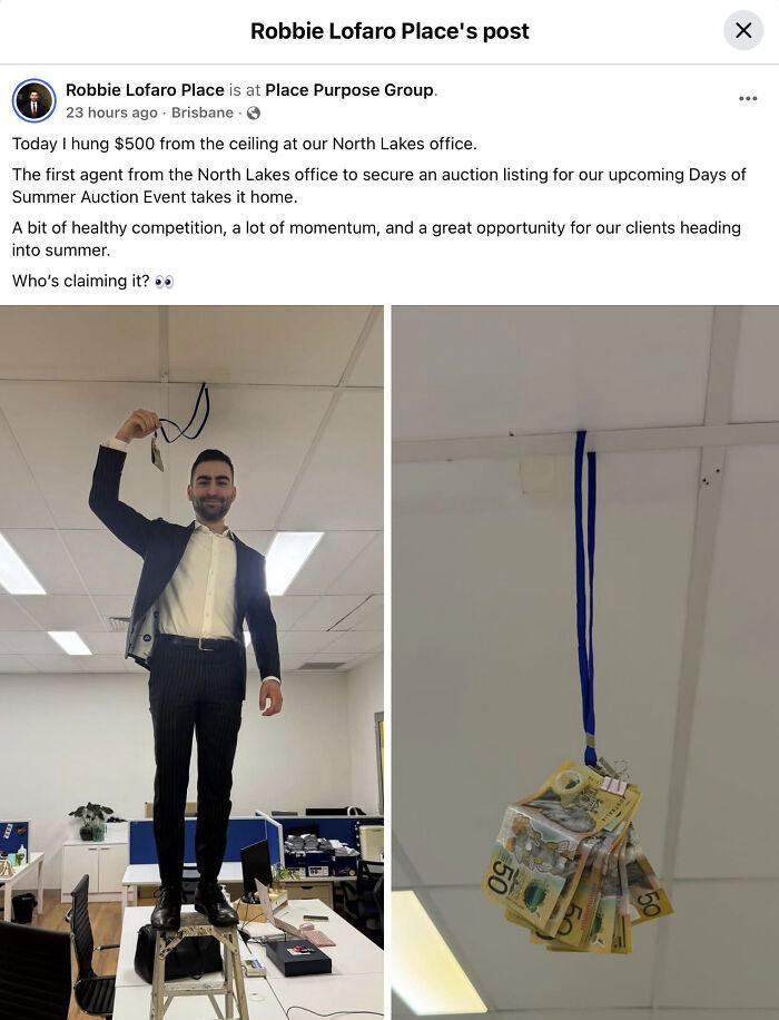 Agent standing on a table next to cash hanging from ceiling, evoking bad renting and booking experiences.