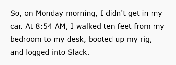 Text describing the employee starting work from home, remote, after six years, home office approved by HR. Text describing the employee starting work from home, remote, after six years, home office approved by HR.