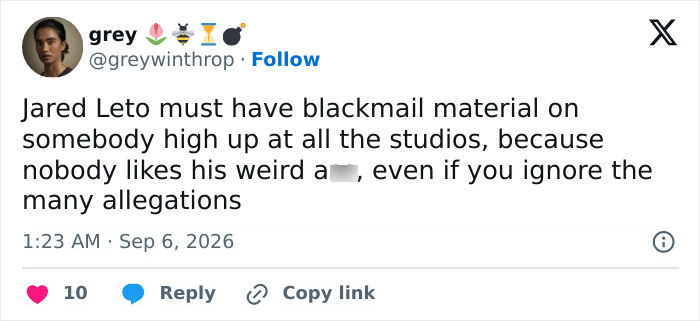 A tweet by user grey, criticizing Jared Leto's on-set behavior and method acting. A tweet by user grey, criticizing Jared Leto's on-set behavior and method acting.