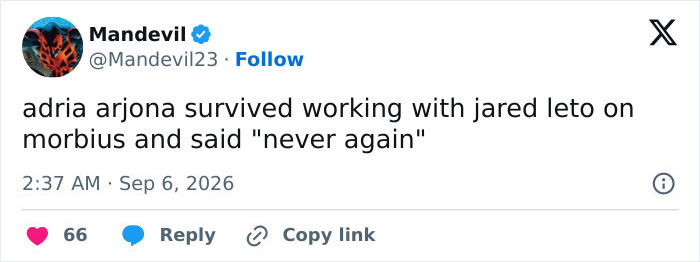 A screenshot of a tweet by @Mandevil23 stating Adria Arjona survived working with Jared Leto on Morbius, mentioning method acting. A screenshot of a tweet by @Mandevil23 stating Adria Arjona survived working with Jared Leto on Morbius, mentioning method acting.