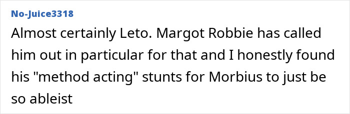 A Reddit user discussing Jared Leto's method acting stunts for Morbius and calling them ableist due to appalling on-set behavior. A Reddit user discussing Jared Leto's method acting stunts for Morbius and calling them ableist due to appalling on-set behavior.