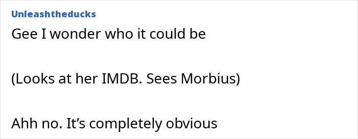 A comment speculating about the identity of the co-star with appalling on-set behavior, referencing Morbius and method acting. A comment speculating about the identity of the co-star with appalling on-set behavior, referencing Morbius and method acting.