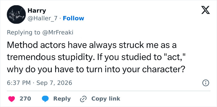A social media post from Harry criticizing method acting in response to an actress's red carpet behavior. A social media post from Harry criticizing method acting in response to an actress's red carpet behavior.