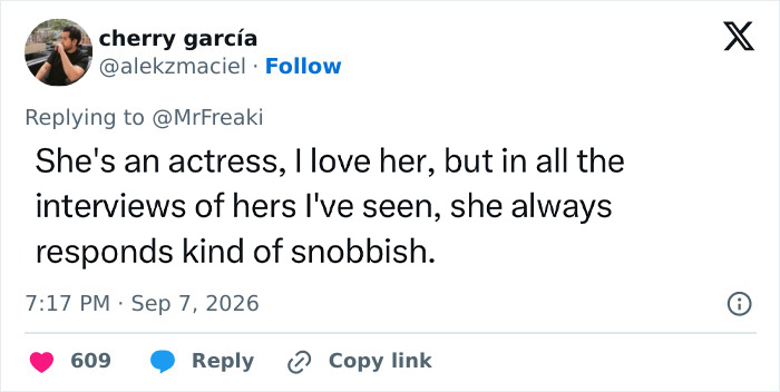 A social media post from a user about an actress responding in a snobbish way. A social media post from a user about an actress responding in a snobbish way.