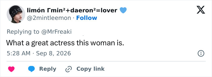 A tweet praising an actress, saying What a great actress this woman is, amidst the Hollywood debate. A tweet praising an actress, saying What a great actress this woman is, amidst the Hollywood debate.