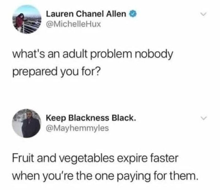 A hilariously relatable meme for adults discussing an adult problem: fruits and vegetables expiring faster when you pay for them.