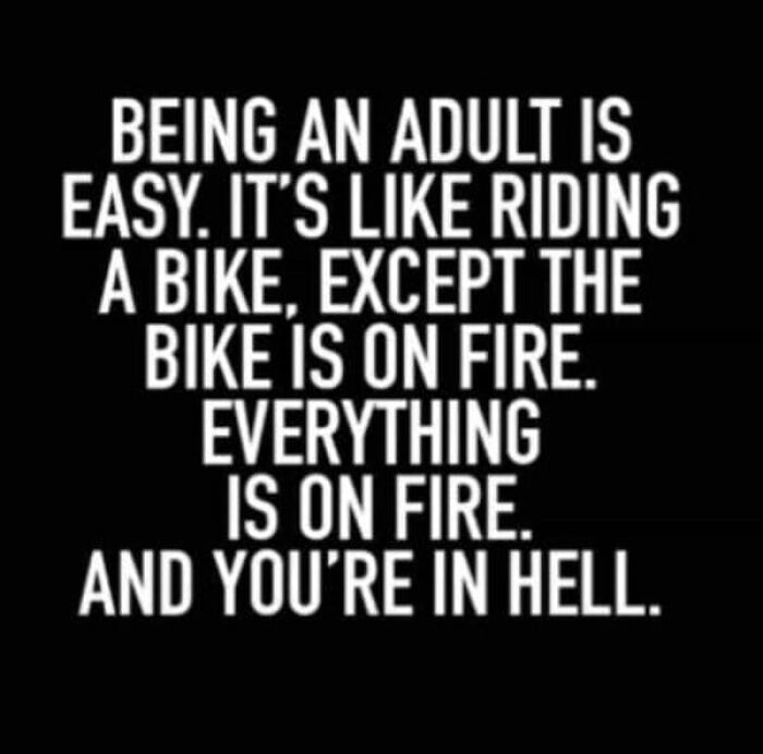 A hilariously relatable meme for adults, stating being an adult is like riding a bike on fire in hell.